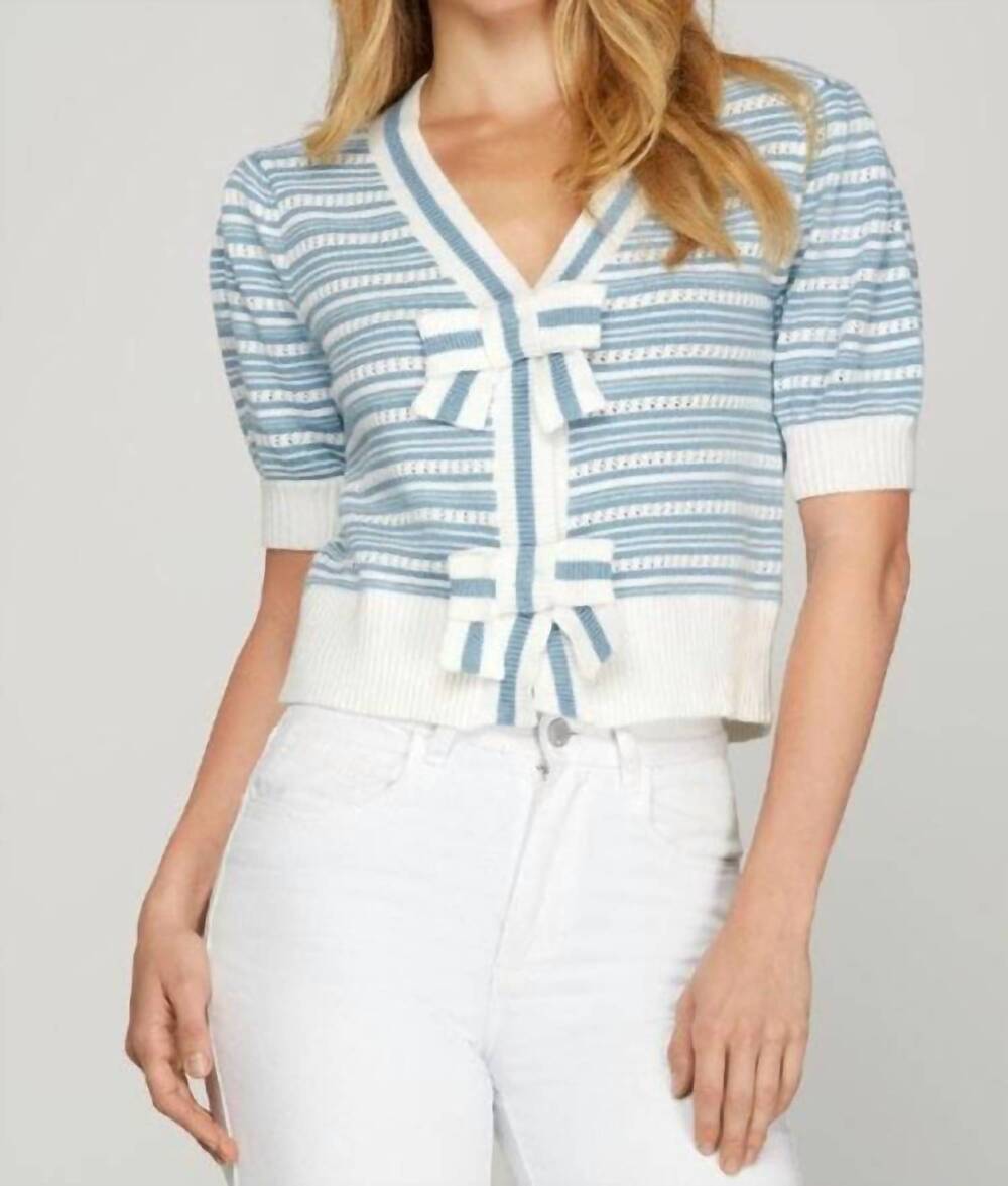 NEW SHE + SKY women's puff sleeve bow cropped cardigan in light blue